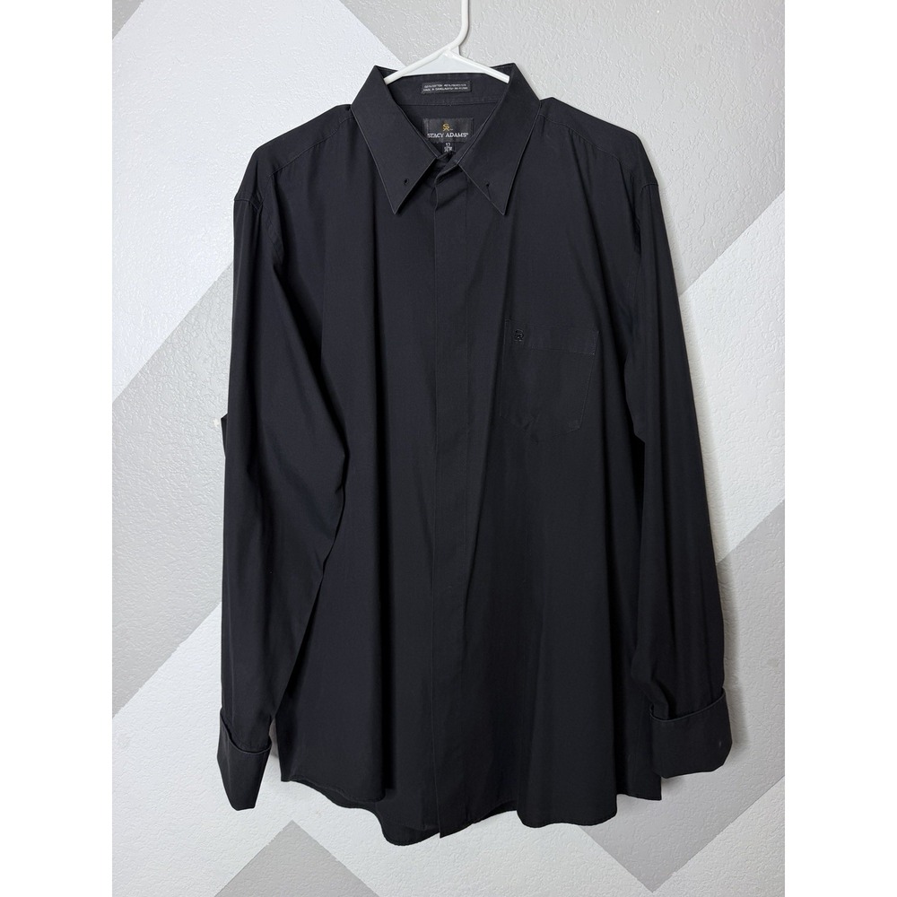 Stacy Adams Mens Dress Shirt 17 34/35 Black French Cuff Hidden Button Formal - Picture 2 of 11